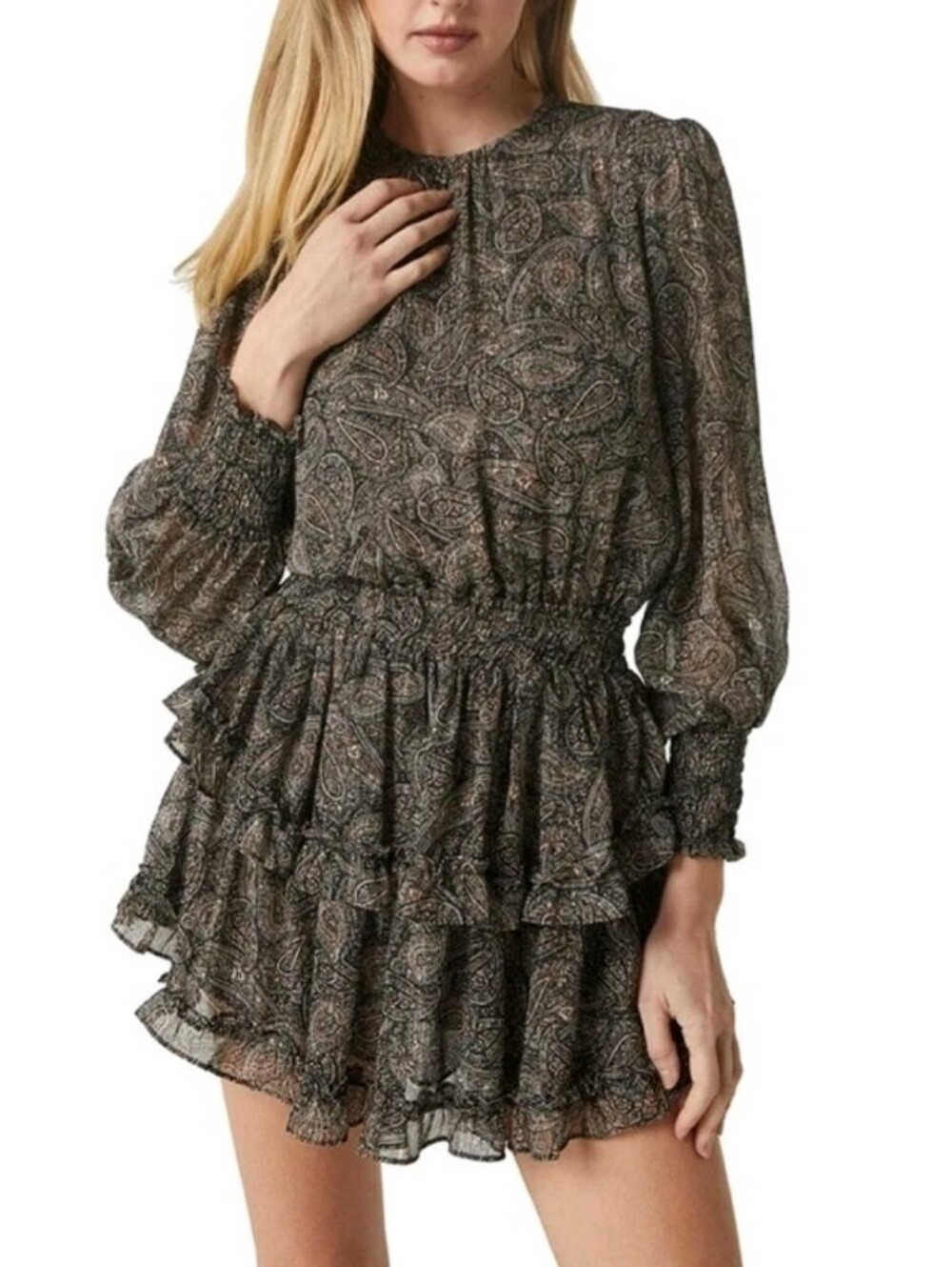Misa Camila Black Metallic Paisley Smocked Ruffle Tiered Mini Dress Size S MIU